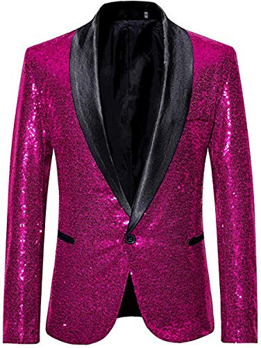Leader of the Beauty Chal de solapa para hombre, con lentejuelas, con un botón, informal, ajustado, para boda, graduación, esmoquin, fucsia, 48chest/42waist