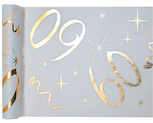 PAPSTAR WOOOOZY Metallic 60. Geburtstag Tischläufer, 5m x 30cm, Polyester, Sternen, Linien, Gold