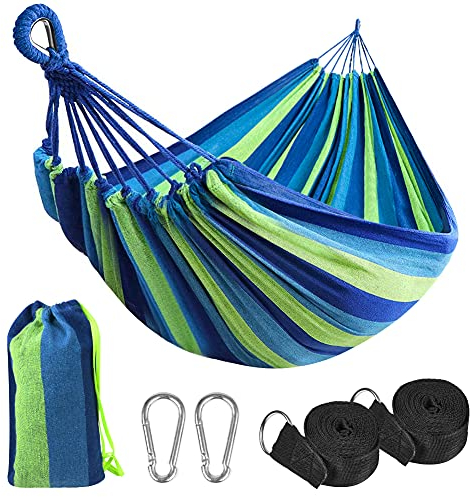 flintronic Hängematte, Camping Hängematte Segeltuch 300KG Tragkraft, 270x140CM Hängematte Outdoor Atmungsaktiv Ultraleichte Hammock für Hof, Camping, Reisen, Strand (inkl 2 Karabiner, 2 Gurte)-Blau