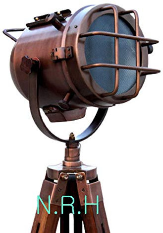 Nautical Handmade Copper Floor Lamp with Wooden Tripod Portable Office Lighting Decor Marine Low Floor Lamp Searchlight Home Decor