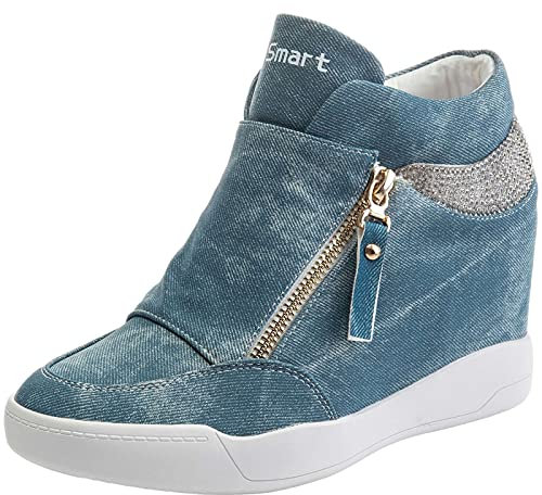 rismart Damen Keilabsatz Plateau Freizeitschuhe Mode Sneaker SN15018 (Denim Blue,40.5 EU)