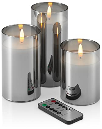 Auraglow Set of 3 LED Battery Operated Remote Controlled Smoked Glass Candles Flameless Real Wax Realistic Flickering Flame Effect with Timer, Light and Brightness Functions