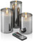 Auraglow Set of 3 LED Battery Operated Remote Controlled Smoked Glass Candles Flameless Real Wax Realistic Flickering Flame Effect with Timer, Light and Brightness Functions