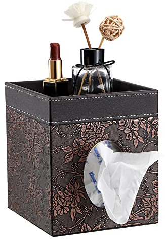 Sumnacon Quadratische Taschentuchbox-Abdeckung aus Leder – dekorativer Würfelhalter mit Tablett, stilvoller Gesichtstücherhalter für Badezimmer, Schminktisch, Nachttisch, Dekoration, braune Blume
