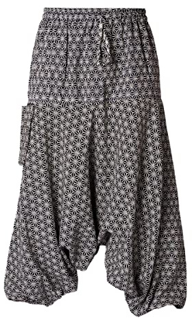 PANASIAM Aladinhose - geometrische Muster - Haremshose Damen & Herren | Unisex Yogahose, Pumphose mit tiefem Schritt, Gummibund & Tunnelzug, große Tasche, heilige Geometrie, japanische Ornamente