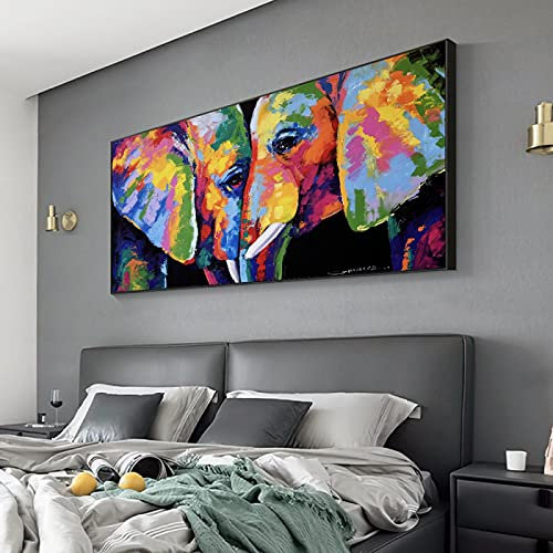 Abstrakte zwei bunte Elefanten Leinwand Gemälde Wandkunst Poster und Drucke bunte Tierbilder Wohnzimmer Dekor 60 x 120 cm (24 x 47 Zoll) ungerahmt