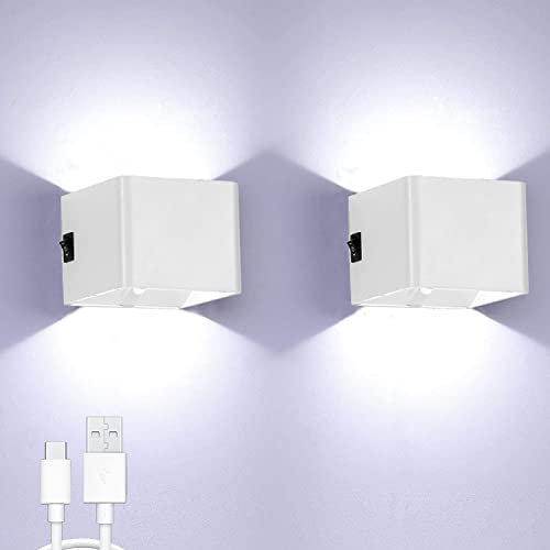 5W LED Innen Wandlampe mit Bewegungsmelder Akku Aufladbar Wandleuchte mit Schalter Treppenlicht USB Wiederaufladbar kabellos Schlafzimmer Magnetisch up und down light Flurlampe (white 2pcs Kaltweiß)