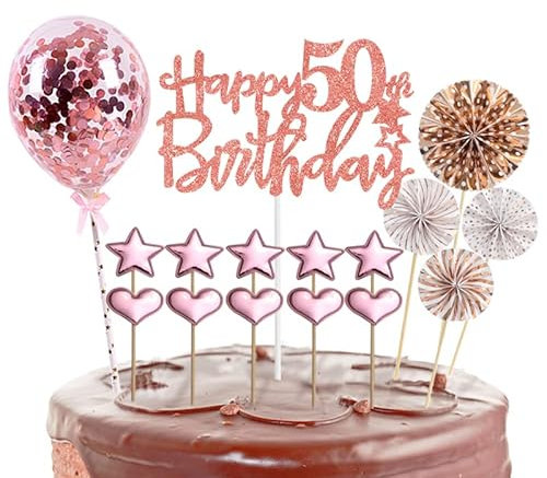 POPOYU Tortendeko 50. Geburtstag Frau, 16 Stück Glitzer 50. Geburtstagstorte Topper, Roségold Cake Topper Deko, Happy 50th Birthday Kuchendeko Luftballons für 50. Geburtstag Party Kuchen Deko