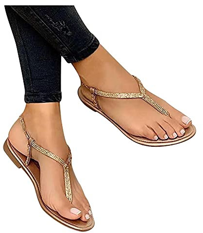 Femmes Sandales Plates Clip Toe Mesdames Sandales à Bretelles Perlées Strass Coupe Large Confortable Mode Été Sandales Plage & Piscine Chaussures Pas Cher été Confortable Orthopedique