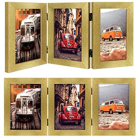 Frametory Dreifach-Bilderrahmen, 12,7 x 17,8 cm, dreifach gefaltet, Collage, aufklappbarer Bilderrahmen mit Glasfront, Tischdisplay (Gold, 2 Stück)