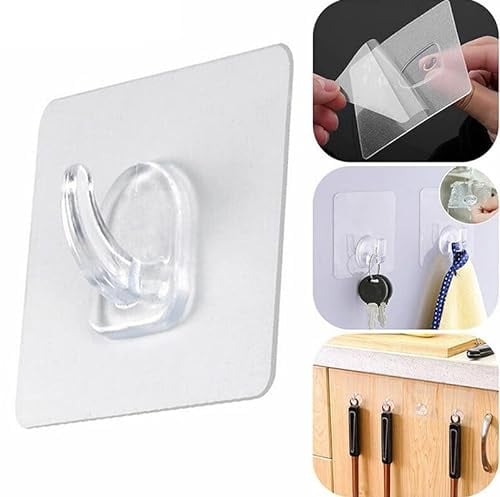 rayinblue 10 PCS Heavy Duty self Adhesive Clear Hooks Clear Waterproof 15kg 33lb Plastic Strong Sticky Hook for Bathroom Kitchen Wall Door Metal, Tiles, Wood, Ceramic to Make Garland
