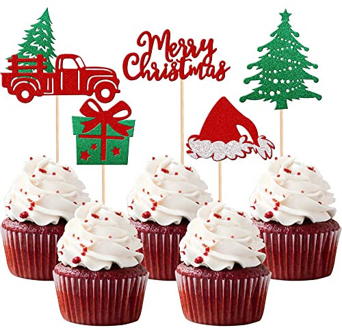 24 Stück Christmas Tree Kuchen Toppers Glitter Rot LKW und Auto Frohe Weihnachten Cupcake topper für Merry Christmas Tree Xmas Thema Neujahr Urlaub Party Kuchen Dekorationen Zubehör