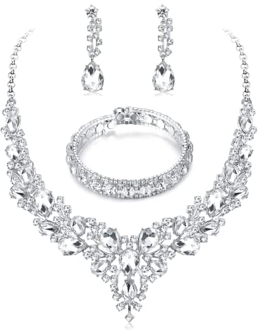 JeryWe Hochzeit Schmuck Sets für Damen Kristall Halskette Vintage Strass Anhänger Ohrringe und Armband Set Braut Hochzeit Party Prom Kostüm Brautschmuck(Stil1)