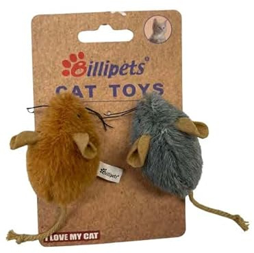 5cm Plush Mouse Cat Toys (2-Pack) - Light Brown & Grey Mice Set - Built-in Rattle Sound - 100% Catnip-Free & Safe - Interactive Hunting Toy for Kittens & Indoor Cats