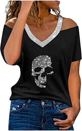 Tshirt Damen Kurzarm Sommer Trendige Totenkopf Strass Druck Oberteile Modisch Pailletten Glitzer Schulterfrei T Shirt Locker Shirt Bluse Tunika Top Basic Shirt