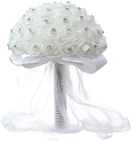 JYCRA Bouquet de Mariée Artificielle Blanche, Bouquet de Roses Romantiques avec Perle de Cristal, Bouquet de Roses Artificielles pour Décorations de Maison D'église de Bricolage de Mariage(Blanc)