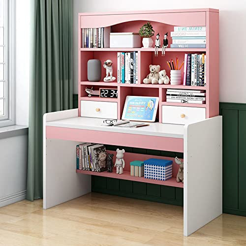 FAANAS Scrivania con Ripiani e 2 cassetti, Scrivania per Ufficio Scrivania per Computer Postazione di Lavoro per Studio e Scrittura, Altezza Regolabile(39 inch, Pink)