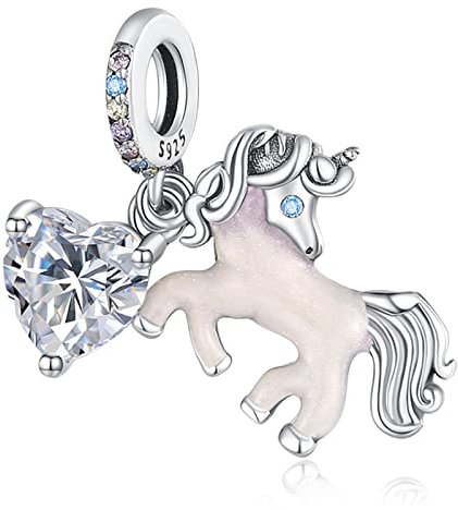 Annmors Charm 925 Sterling Silber Bead Charms Pink Unicorn with Cubic Zirconia für Europäische Armbänder und Halskette,Schmuck Geschenk für Damen Herren
