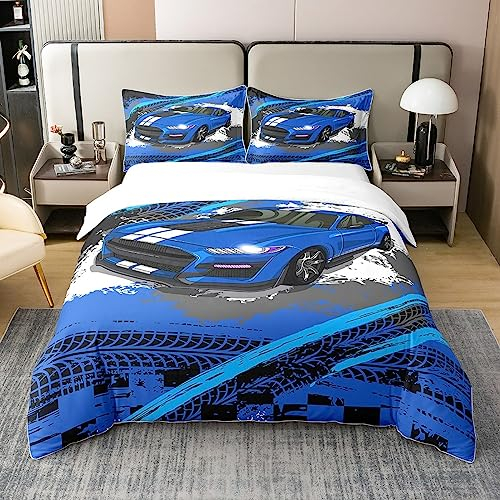 Blau Sportwagen 100% Baumwolle Bettbezug 155x220 für Kinder,Graffiti Rennwagen Bettwäsche,Grunge Autotrack Tröster Abdeckung Atmungsaktiv,Hippie Rennwagen Bett Set mit 1 Kissenbezug Zimmer Dekor
