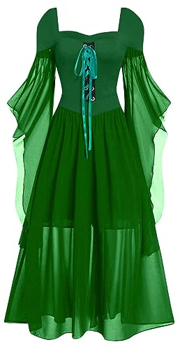 Halloween Kostüm Damen, Kleid Damen Elegant Mittelalter Kleidung Abendkleid Langarm Mittelalter Kostüme Damen Gothic Kleider Halloween Karneval Kostüm Gothic Kleidung Damen Party (Grün,XXL)