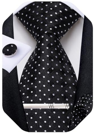 DiBanGu Mens Tie Set Silk Plaid Striped Necktie Woven Pocket Square and Cufflinks Tie Clip Set Formal Wedding, Black and White Polka Dot, One Size