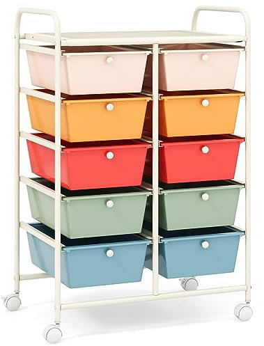 COSTWAY 10 Drawers Storage Cart, Multipurpose Mobile Organizer Shelving Unit with Handle, Removable Drawers & Lockable Wheels, Utility Rolling Trolley for Home Office Beauty (Macaron)