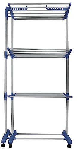 HUOLE Faltbarer Wäscheständer, mobiler, großer, klappbarer 3-Etagen-Wäscheständer, platzsparend, Wäscheständer, Bekleidungstrockner, Turm-Kleiderständer, Wäschetrockner (75-142,5x64x170 cm - Blau+Grau