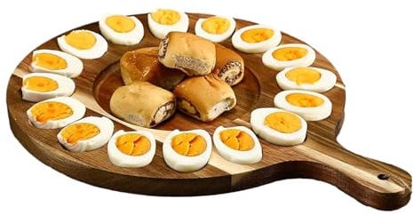 Fellflying Deviled Egg Platter, Wood Tray with Handle Round Deviled Egg Tray Container, 36x30cm, Reversible Charcuterie Board Egg Plate, 16 Holes Deviled Egg Tray Container for Cheese Charcuterie