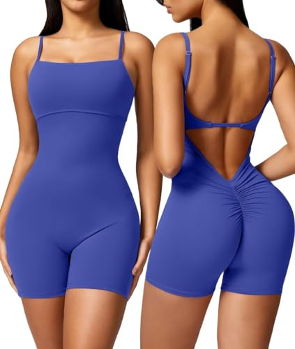 Vertvie Jumpsuit Damen kurz Eng Scrunch Butt Sport Bodysuit Sommer Ärmellose Spaghetti Strap Quadratischer Padded Onesie Rückenfrei Yoga Sexy Stretch Ganzkörperanzug Einteiler Romper(Blau,S)