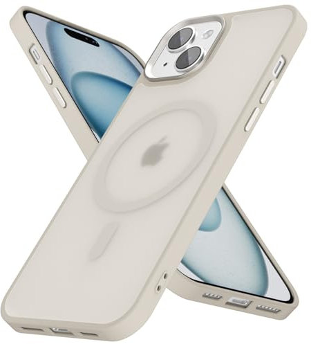 oakxco für iPhone 14 Plus/ 15 Plus Hülle mit Magsafe, Durchsichtig Matt Handy Hülle Dünn Induktives Laden Magnetisch Handyhülle Slim, Glatt Klar Hart Plastik & Bunt Silikon Schutzhülle, Beige Titan