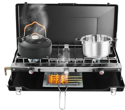 Donened - Cocina de gas, barbacoa portátil, 3 fuegos, hornillo de camping, barbacoa plegable plana, para barbacoas, picnics, camping, 56,5 x 30 x 34 cm