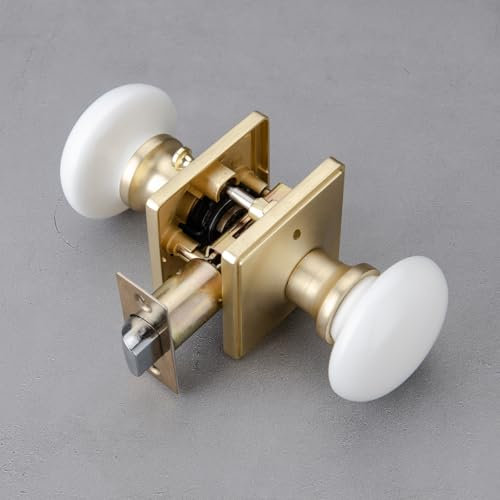 NCL White Door Knobs, Door Knob Interior, Porcelain Square Door Levers, Satin Brass Privacy Door Handles, Door Locks for Bedroom and Bathroom