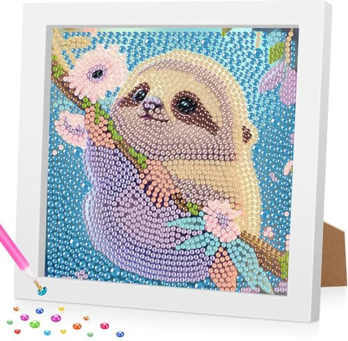 Diamond Painting Kinder mit Rahmen, 5D Faultier Diamant Painting Bilder Kinder, DlY Cartoon Diamond Painting Set, Geeignet für dieMobeldekoration 18x18cm