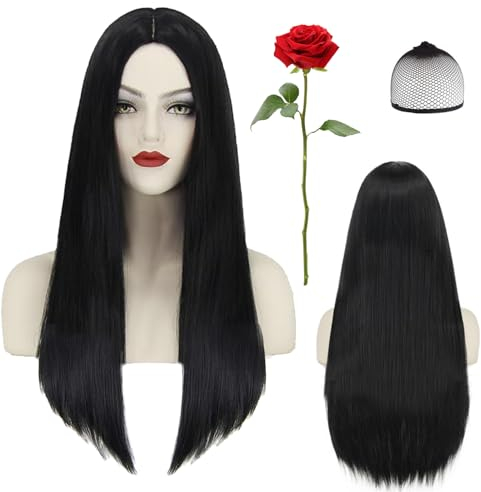 Halloween Schwarz Perücke, Perücke Schwarz Damen Lang Glatt 27.5 Inch, Schwarze perückes für Halloween Cosplay Synthetische Perücken, Kostümparty Karneval