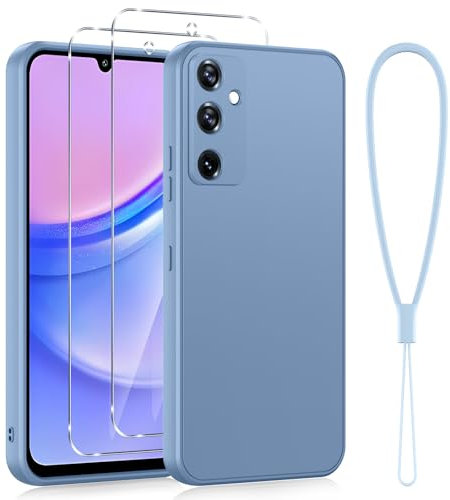 Viojrlra Protection Complète Silicone Coque pour Samsung Galaxy A15 4G/5G 6,5 avec 2 Pièces Verre Trempé, Housse Fine Antirayures Anti jaunissement étui pour Samsung A15 Con Cordon, Bleu fumé