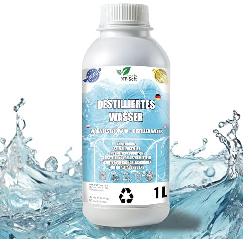 Eau distillée 100% pure 1L | Eau déminéralisée 1L - eau distillée adaptée pour fer à repasser, humidificateur, batteries et bien plus encore