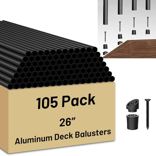 105 Pack 26 inch Aluminum Balusters for Deck Railing,Black Round Metal Spindles for Staircase,3/4 Diameter Hollow Deck Ballasters with Screws and Connectors for Railing Fencing Porch Stair Spindles