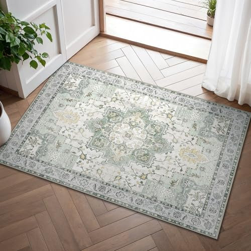 GENIMO Fußmatte Innen 60x90cm, Vintage Teppich, Waschbare Teppiche, Boho Teppich, Klein Carpet mit Rutschfester Rückseite für Eingang, Flur und Korridor, Grün