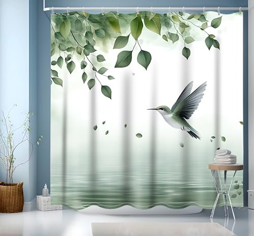 NEJLCTOROUS Rideau de Douche 200 x 200 cm, Motif Feuilles Vertes, Ourlet lesté, imperméable, Lavable, en Tissu Polyester, avec 12 œillets et Anneaux de Rideau de Douche, pour Salle de