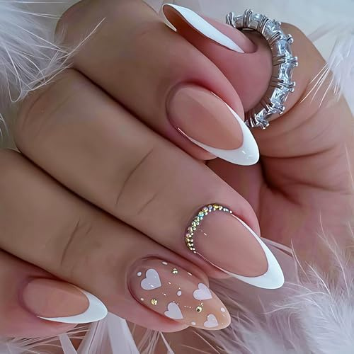 Valentinstag-Kunstnägel, weiß, mit French Tips, mittelgroß, mandelförmig, herzförmig, glänzend, mit Strasssteinen, Gelkleber, zum Aufkleben, 24 Stück