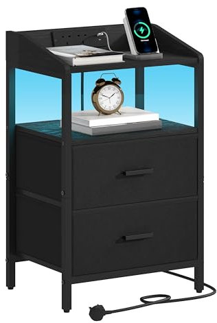 Hzuaneri Bedside Table with LED Lights and Charging Station, Bedside Cabinet with 2 Fabric Storage Drawers, Nightstand with USB Ports & TypeC for Bedroom, Livingroom, Black NS36104B