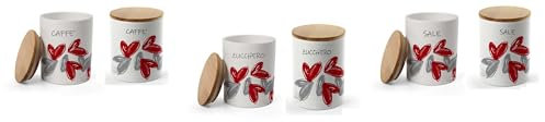 UTILISSIMI EDITACASA Set di 3 Barattoli in Ceramica per Sale Zucchero Caffè, Decorazione Cuori Rossi, Coperchio in Legno, 10x13 cm