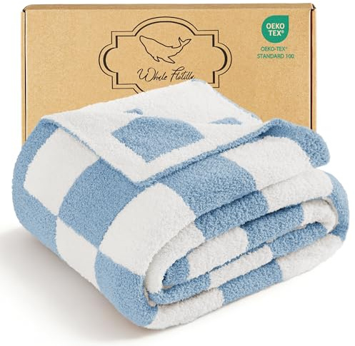 Whale Flotilla Checkered Knit Throw Blanket, 130x170 CM | Ultra Soft Fleece Reversible Cozy Decorative Blankets for Couch Sofa and Bed, All Seasons, Machine Washable, Light Blue