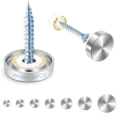 mawmuaw 18 mm Vis à Miroir 16 Pièces Cache Vis Inox Clous Cache Acier Inoxydable avec Capuchons Décoratifs et Rondelles pour Miroirs Plaques de Bain Douche Armoires Tables Panneaux en Verre Meubles