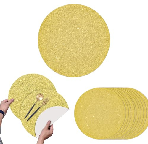 Flomiara 10 Pieces Disposable Glitter Gold Paper Placemats - Round 13.4 Inch Decorative Table Mats for Dining Table, Wedding, Christmas, Birthday & Anniversary Celebrations