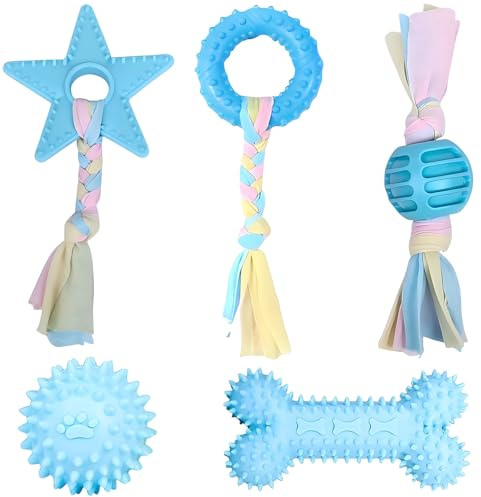 KOMEIYL 5pcs Juguetes para Perros, Mordedor Perro Cachorro, Juguete Interactivo Perro, Juguetes para la Dentición de Cachorros, Aplica a Promover la Inteligencia y la Coordinación (Azul)
