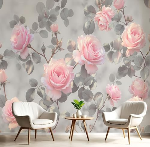 Fototapete Vintage Floral 3D Effekt Tapete, Rose Graue Blätter Motiv Wandbild Seidenstoff Wandtapete, Wohnzimmer Schlafzimmer Kinderzimmer Wanddeko, Grau-Rosa 400x280cm (B×H)