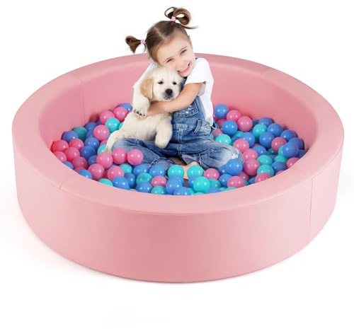 HOMASIS Bällebad Bällepool mit 200 Ozeanbälle, Bällegruben rund ∅ 105 x 24cm, Ballgruben mit abnembare Bodenmatte & Bezug, Spielbad Ballpool Kugelbad für Babys Kinder ab 3 Jahren (Rosa)