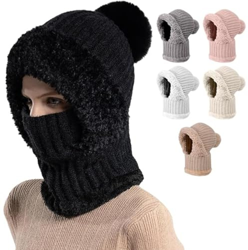 Generisch 3 in 1 Wintermütze Strickmütze Warme Mütze mit Winddichte Masken Kreis Schal Set Balaclava Winter Stricken Mütze mit Fleecefutter für Damen Winddichte Kälteschutz Skimütze