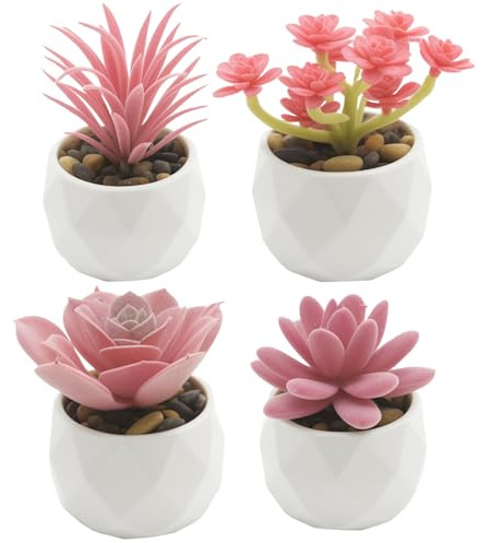 Hoypeyfiy 4 Stück Rosa Künstliche Sukkulenten Dekopflanzen Enthält Schwertgras, Edelsteinlotus, Kakteen, Seerose, Geeignet für Büros, Schlafzimmer und Balkone